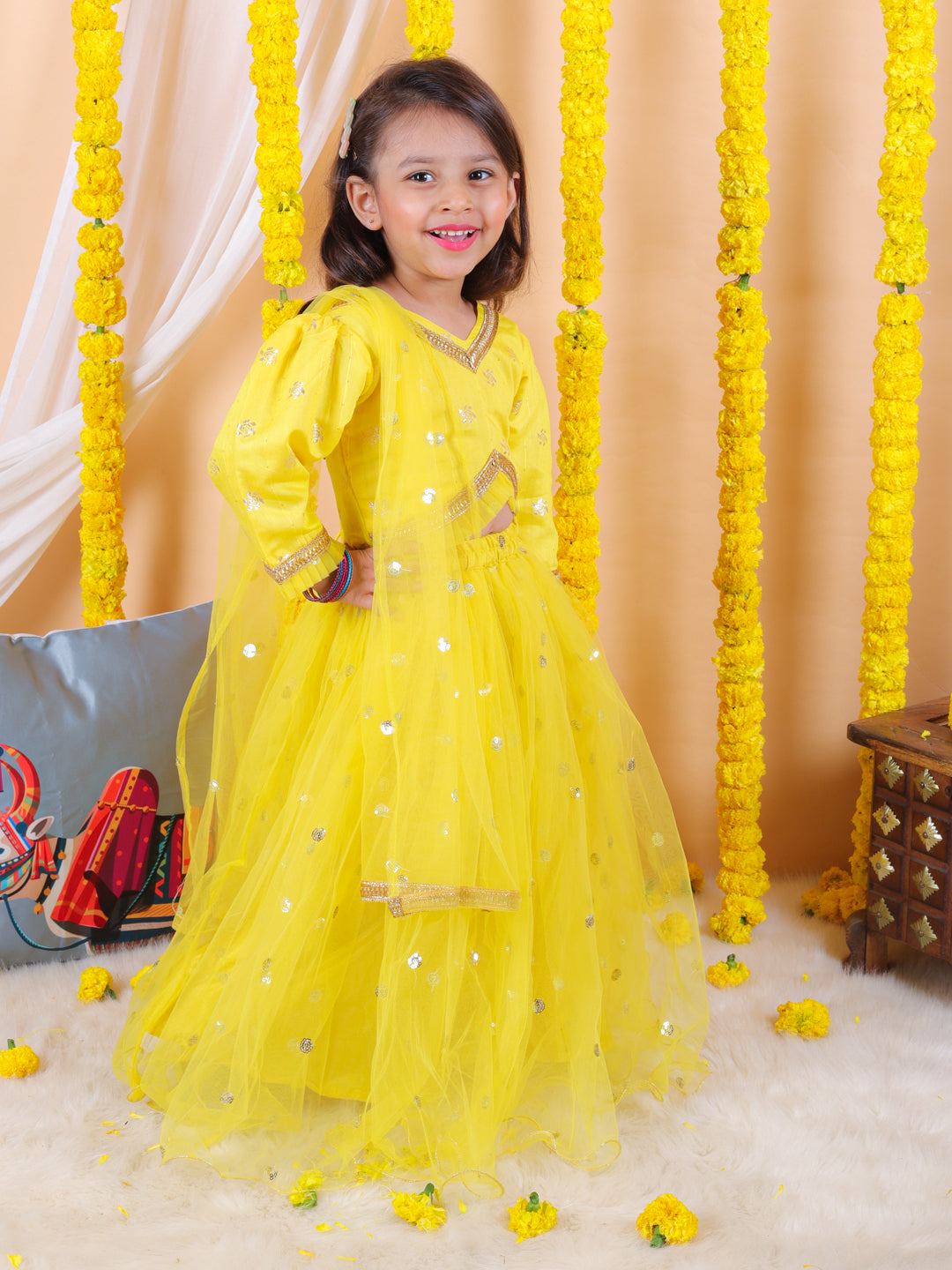 BownBee Pure Chanderi 3/4th Sleeve Top with Lehenga & Dupatta For - Yellow