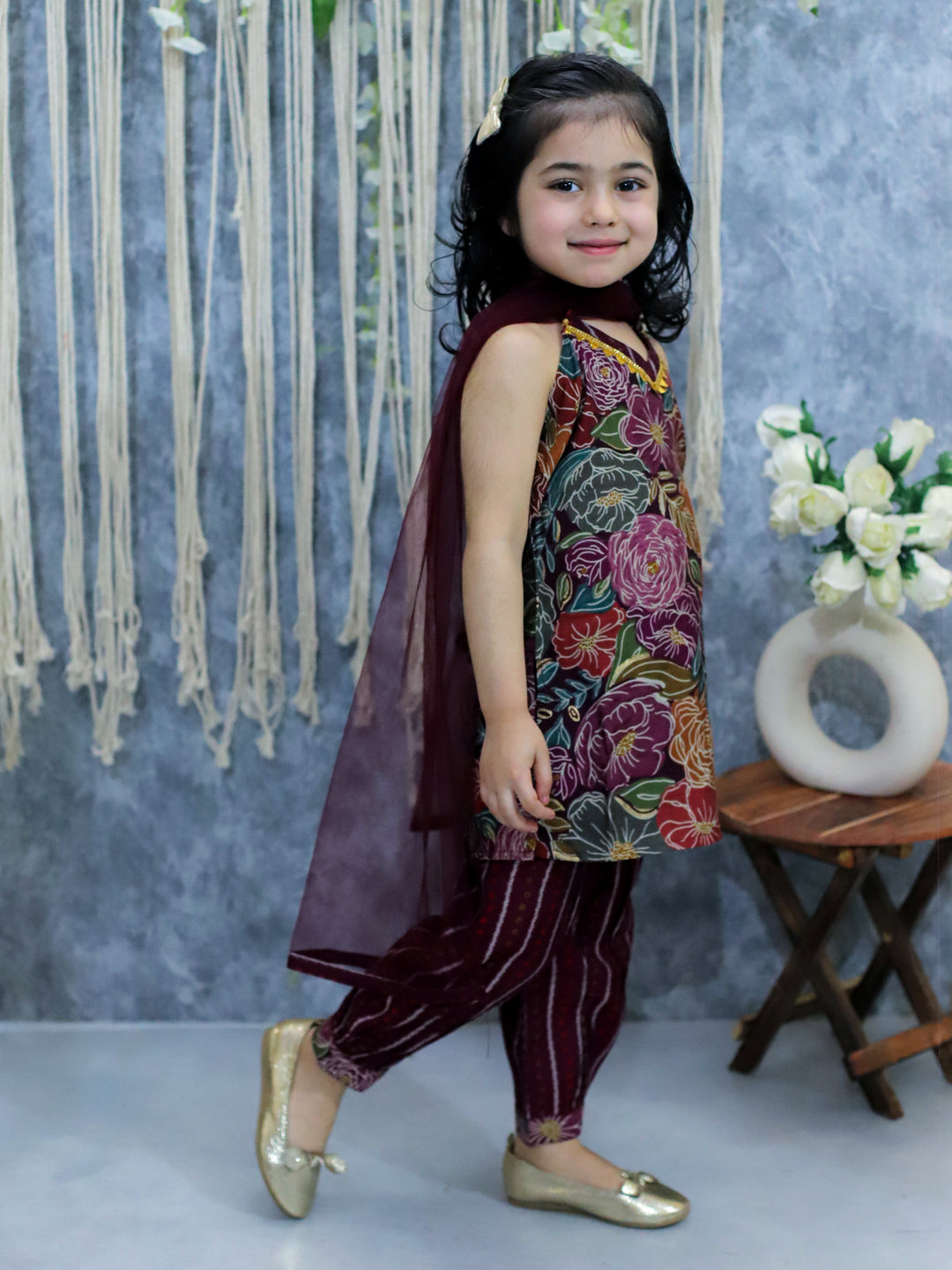 BownBee Girls Printed Halter Neck Kurti with Harem Pants & Dupatta- Purple