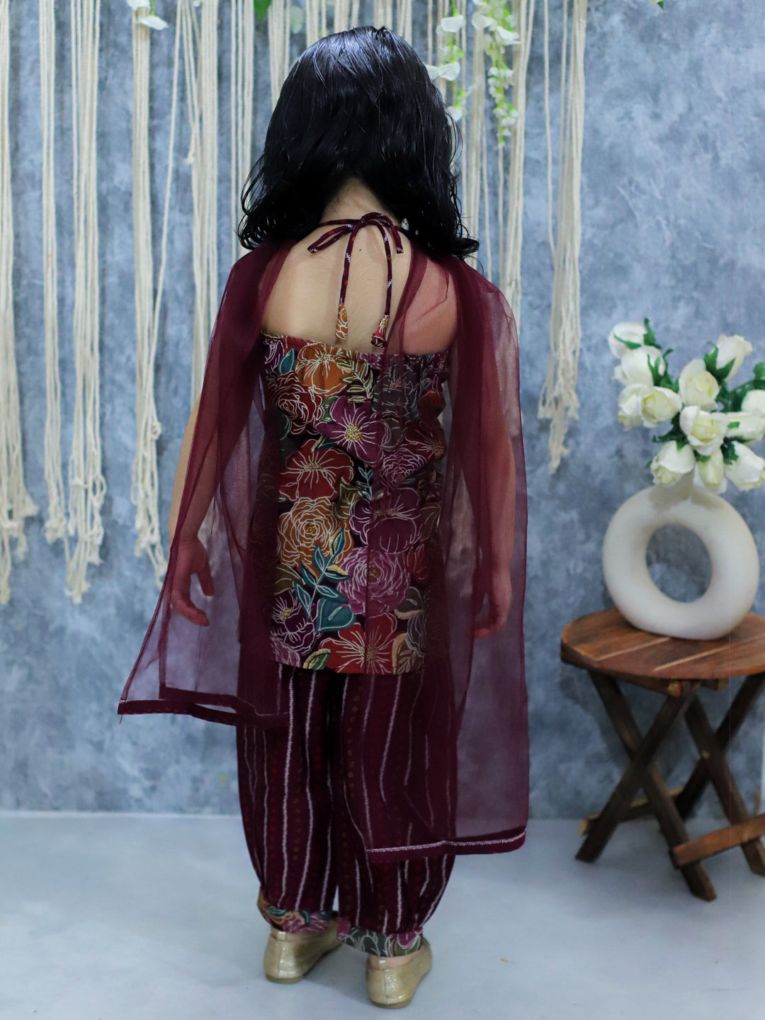 BownBee Girls Printed Halter Neck Kurti with Harem Pants & Dupatta- Purple