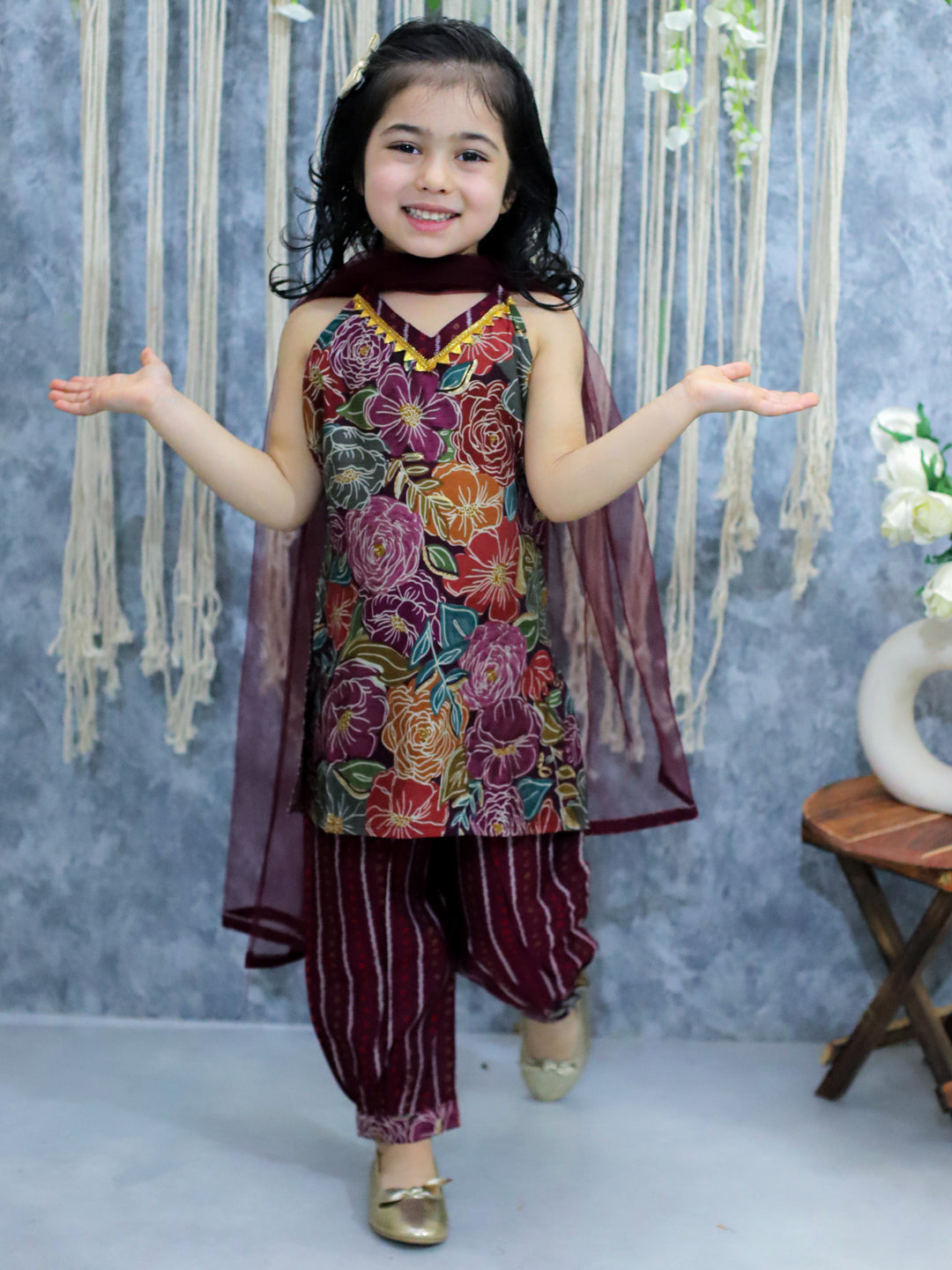 BownBee Girls  Printed Halter Neck Kurti with Harem Pants & Dupatta- Purple