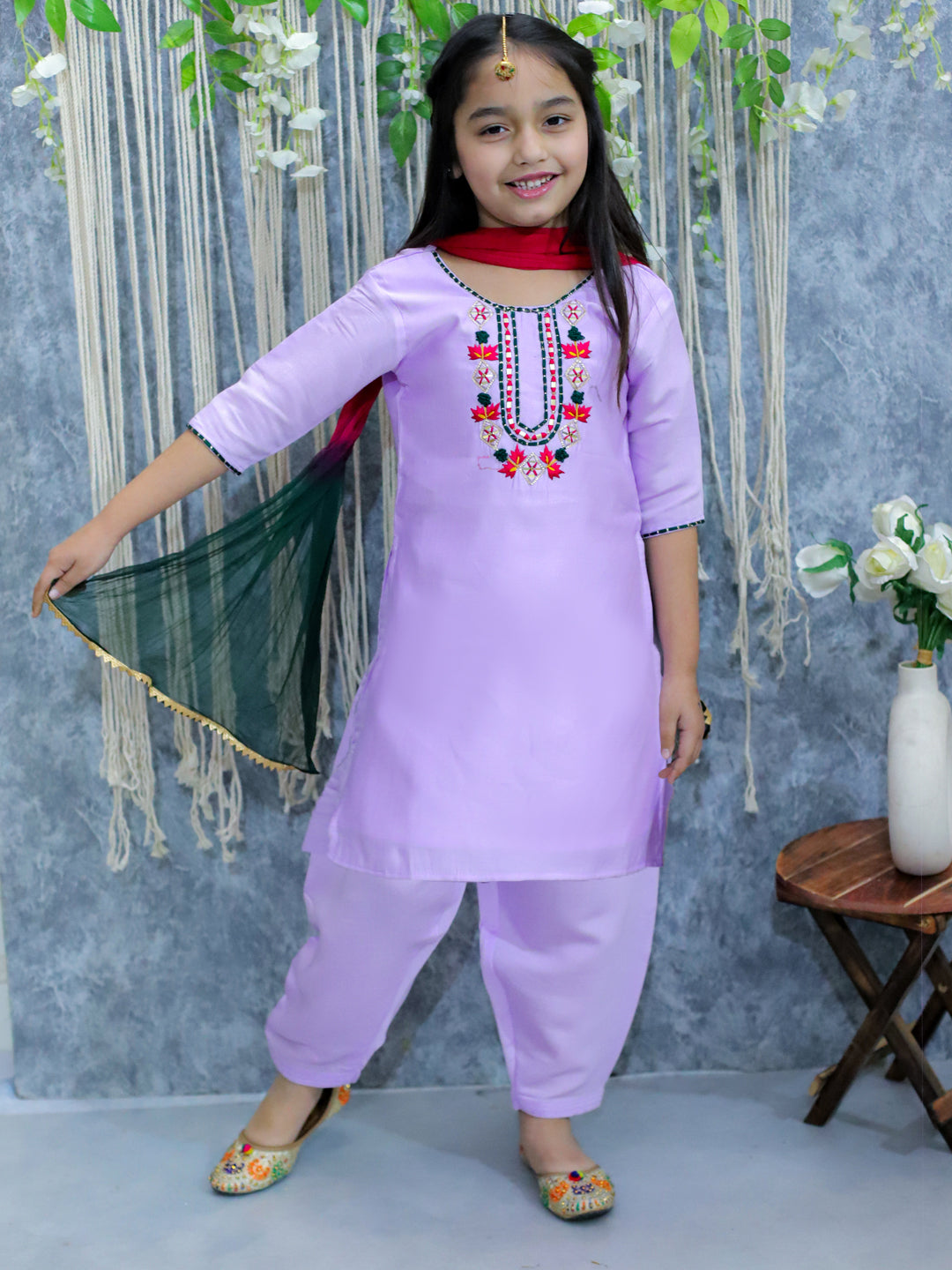 BownBee Sibling Set Embroidered Full Sleeve Dhoti Kurta for Boys and Embroidered Kurti with Salwar and Dupatta for Girls- Lavender