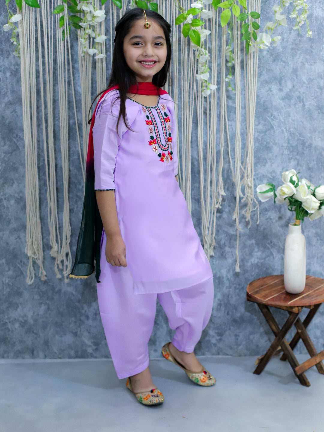 BownBee Sibling Set Embroidered Full Sleeve Dhoti Kurta for Boys and Embroidered Kurti with Salwar and Dupatta for Girls- Lavender