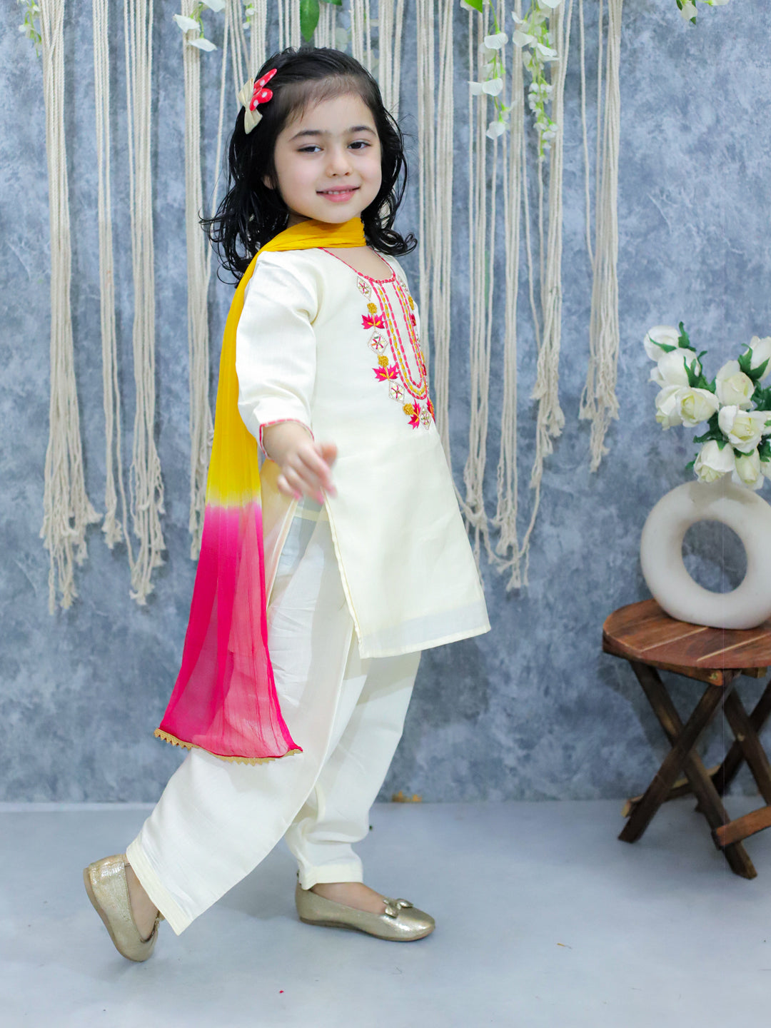 BownBee Embroidered Kurti with Salwar and Dupatta for Girls- White