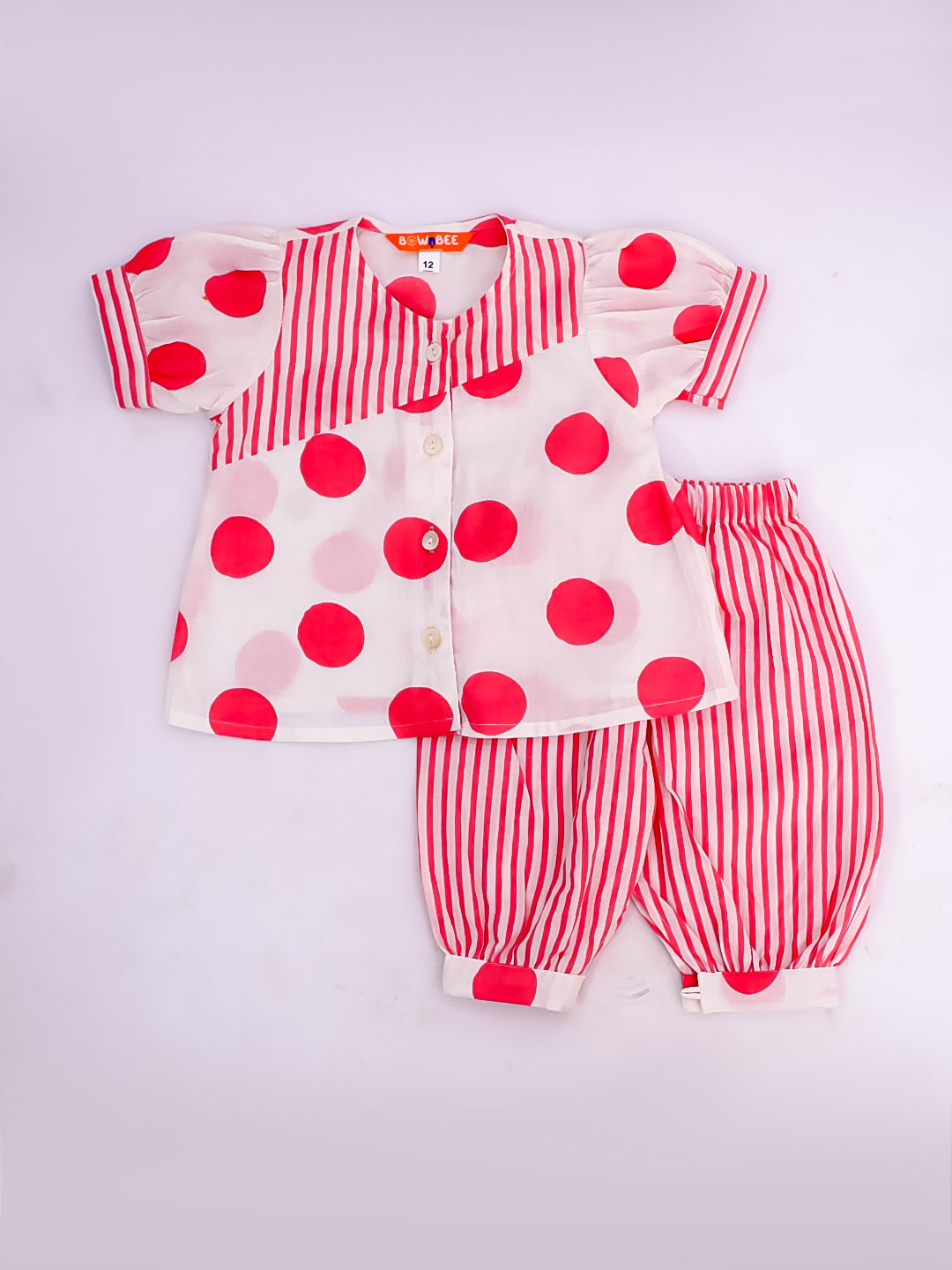 BownBee Pure Cotton Polka Dot Tunic with Harem Pants for Infant Girls | Ethnic Baby Wear – White