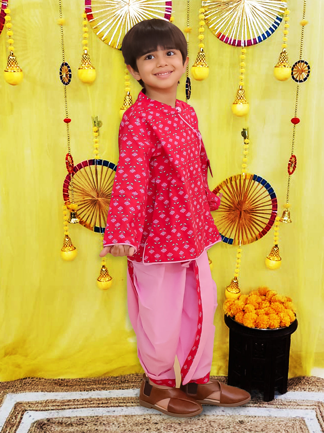 BownBee Pure Cotton Printed Angrakha Kurta With Pink Contrast Dhoti For Boys - Red