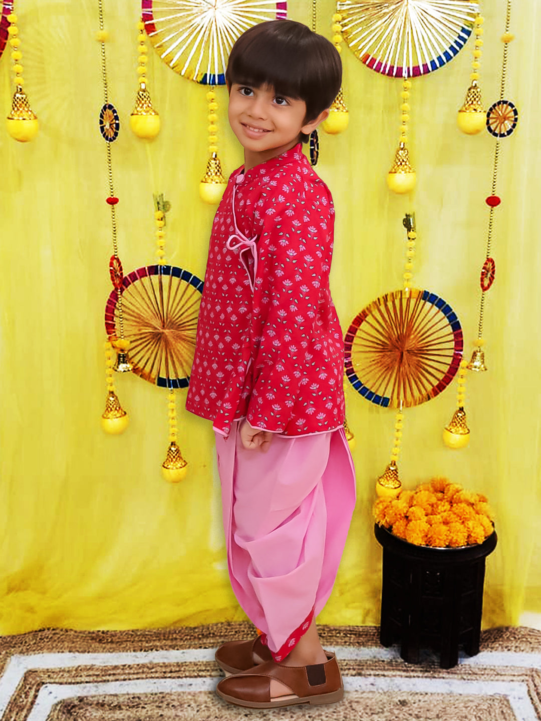 BownBee Pure Cotton Printed Angrakha Kurta With Pink Contrast Dhoti For Boys - Red