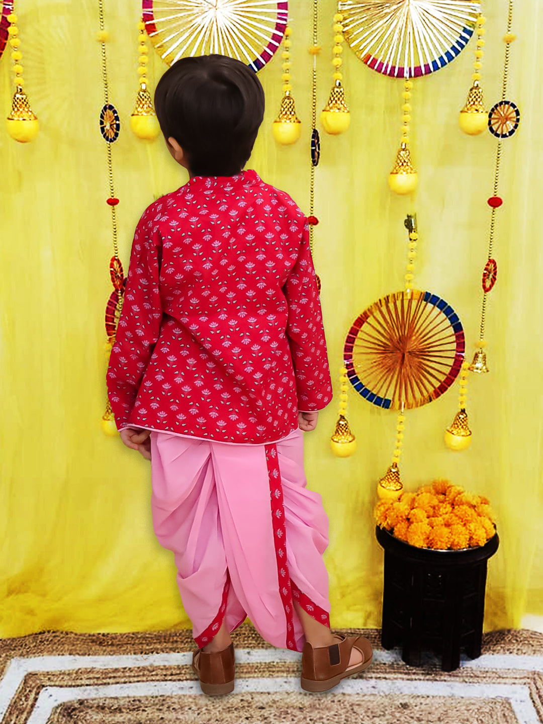 BownBee Pure Cotton Printed Angrakha Kurta With Pink Contrast Dhoti For Boys - Red