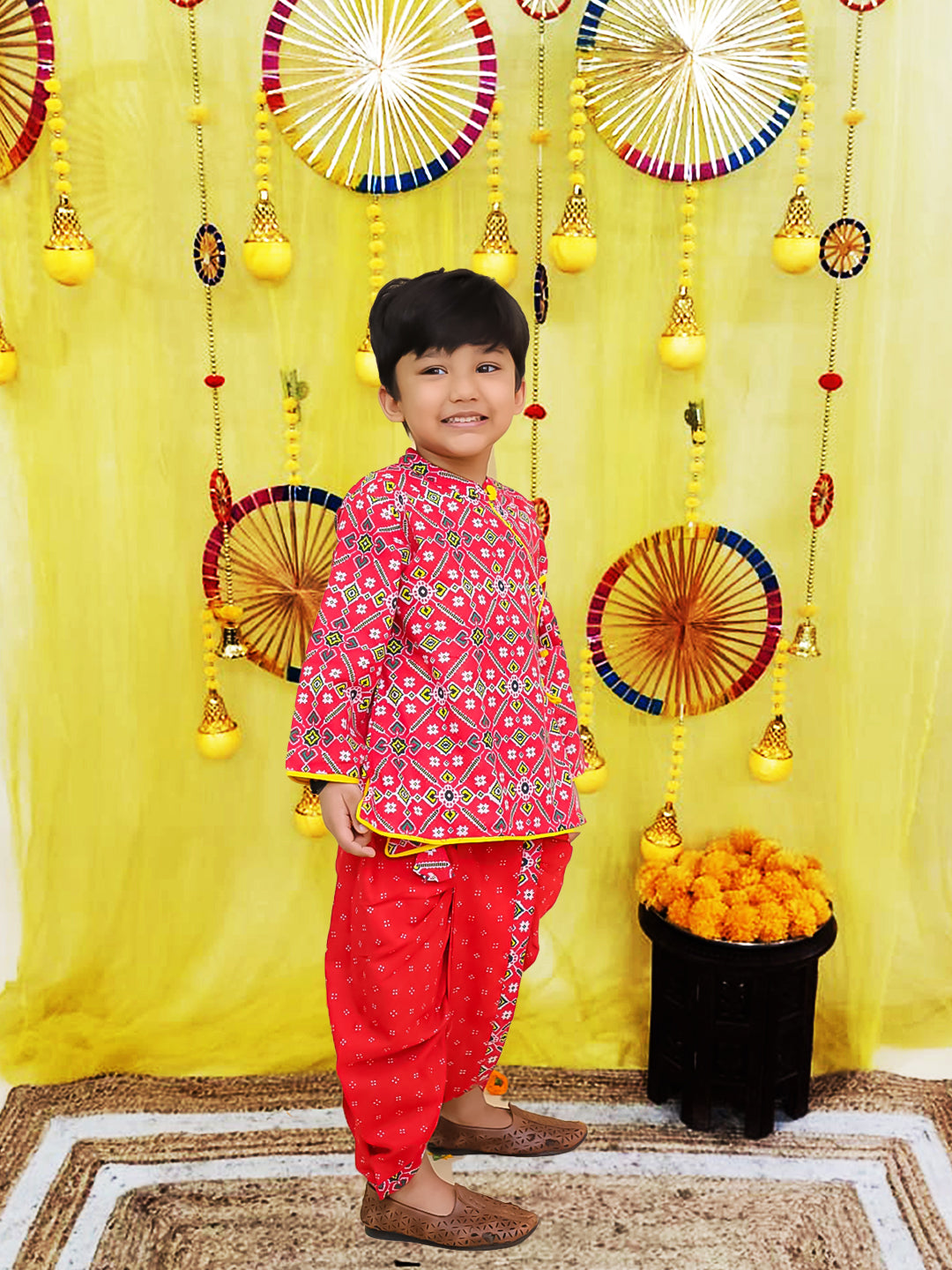 BownBee Pure Cotton Printed Angrakha Kurta Dhoti For Boys - Blue