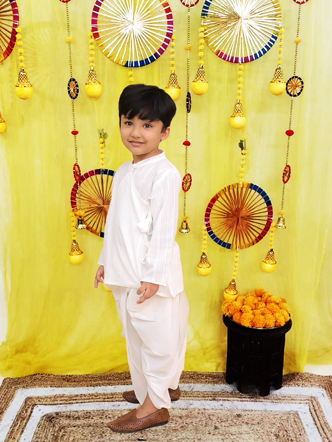 BownBee Pure Cotton Printed Angrakha Kurta Dhoti For Boys - Blue