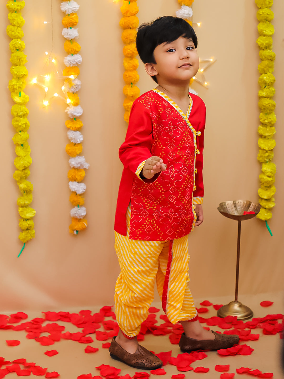BownBee Bandhani Pure Cotton Long Sleeves Dhoti Kurta Set For Boys -Red