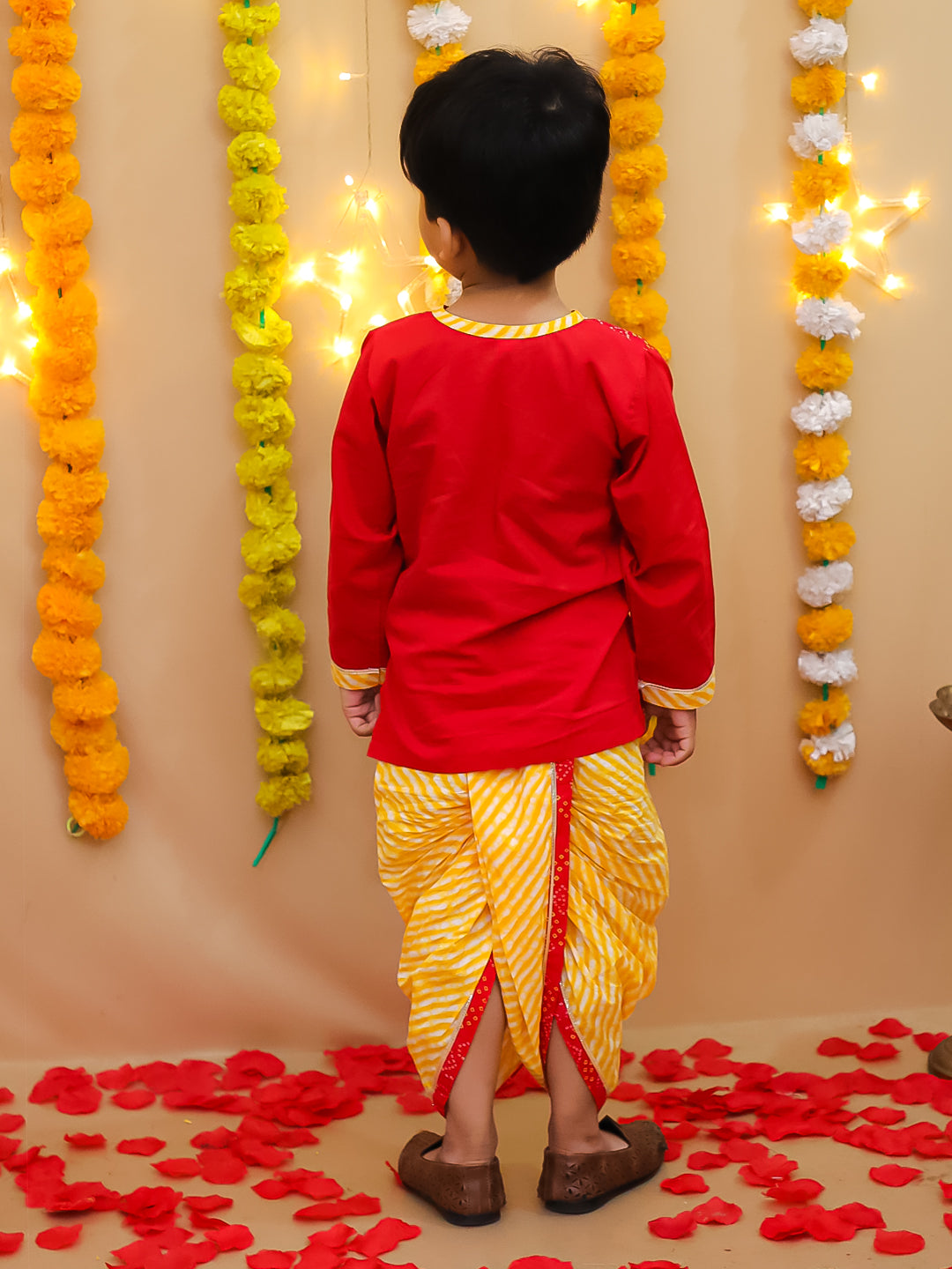 BownBee Bandhani Pure Cotton Long Sleeves Dhoti Kurta Set For Boys -Red