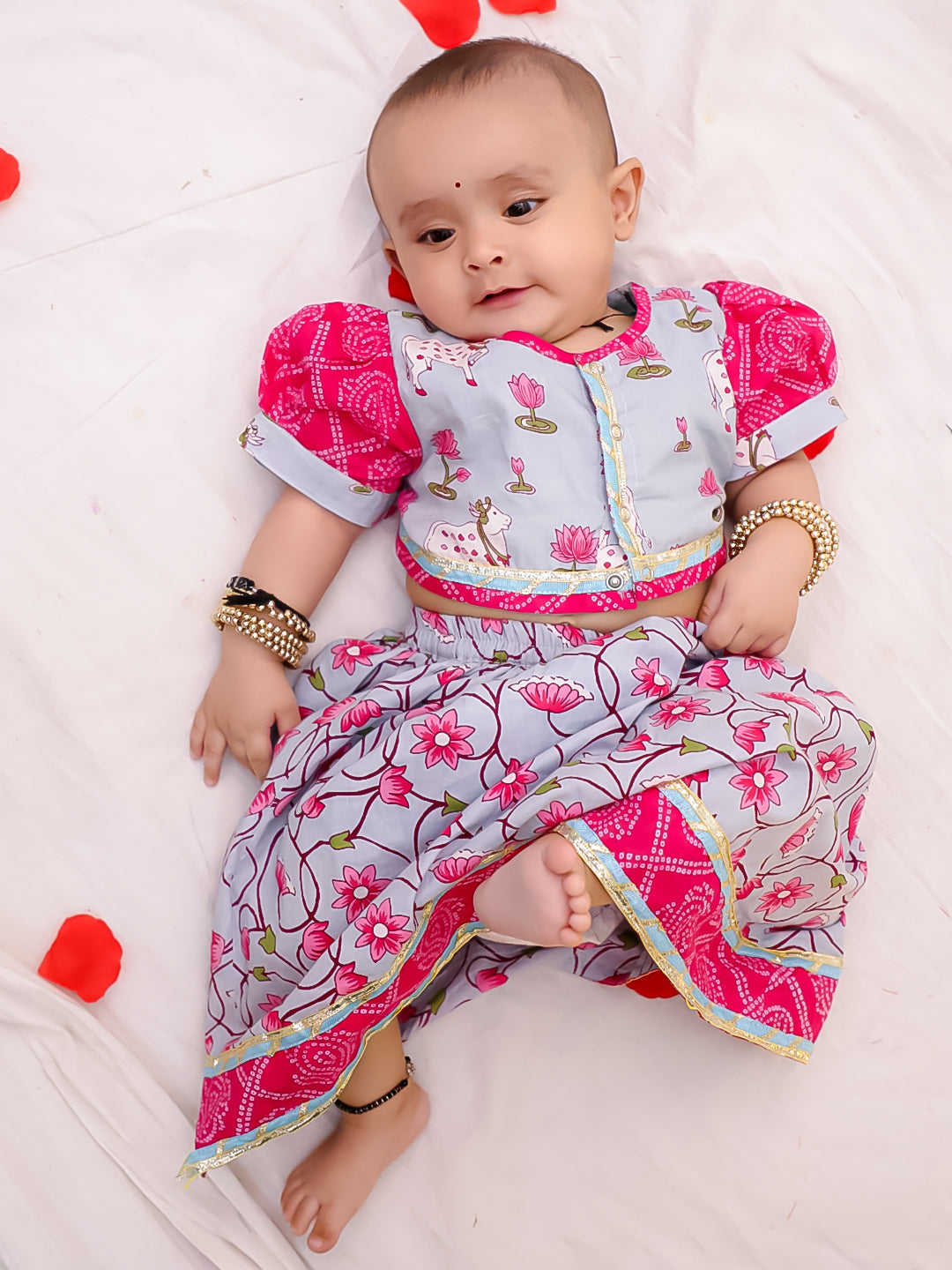 BownBee Pure Cotton Sleeveless Lehenga Choli Set For Infant Girls - Pink (Pre-Order)