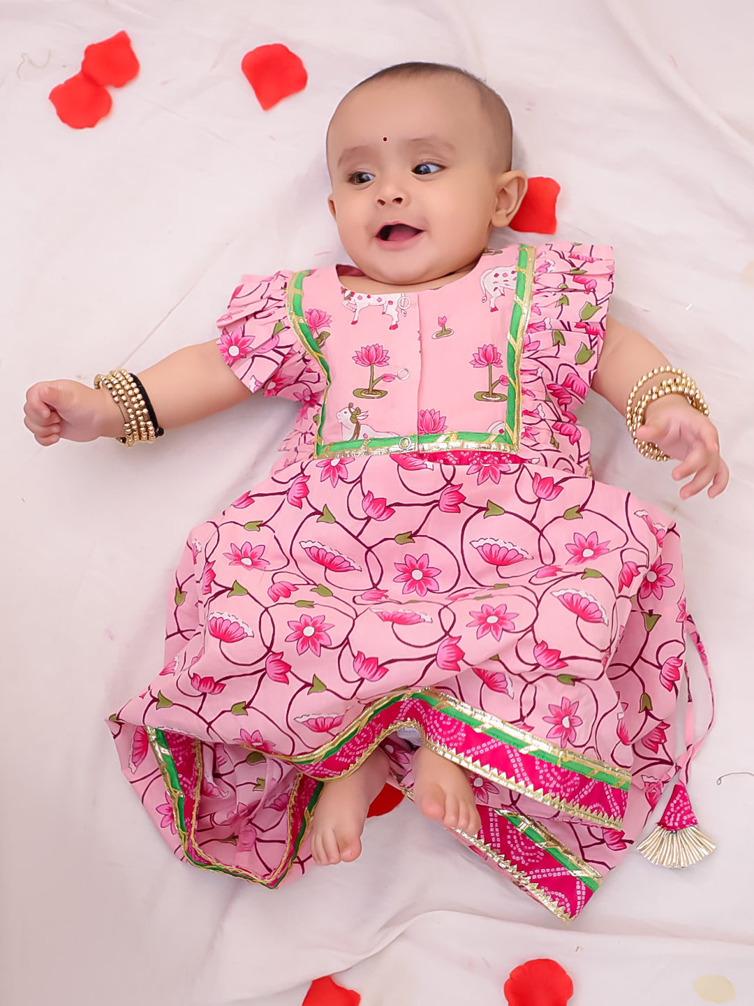 BownBee Pure Cotton Sleeveless Lehenga Choli Set For Infant Girls - Pink (Pre-Order)