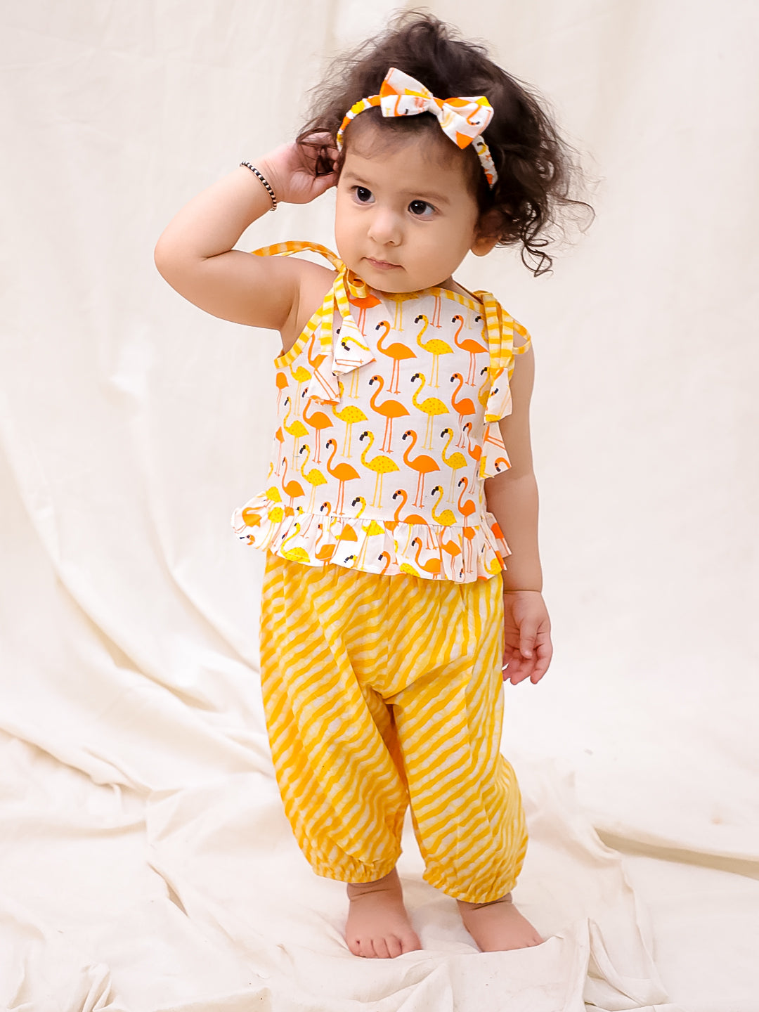 BownBee Sleeveless Jhabla & Harem With Hairband Set For Infant Girls - Green