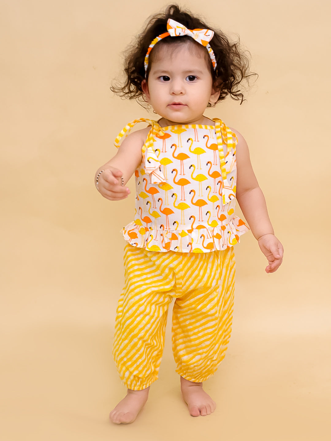 BownBee Sleeveless Jhabla & Harem With Hairband Set For Infant Girls - Green