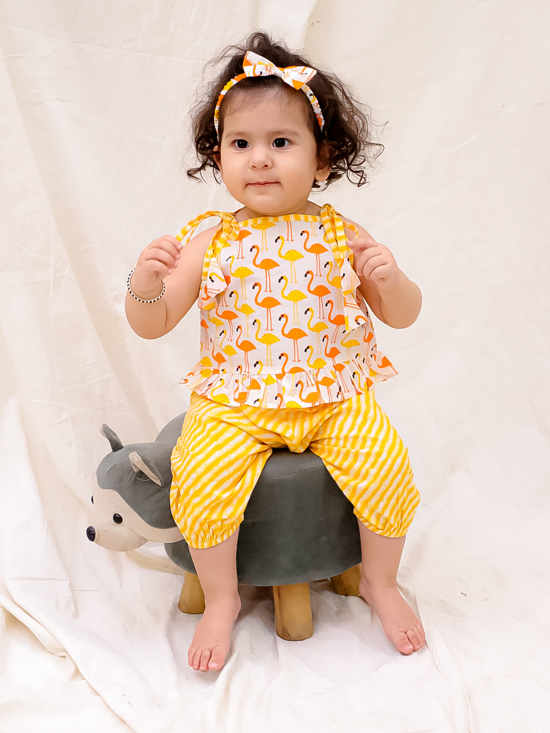 BownBee Sleeveless Jhabla & Harem With Hairband Set For Infant Girls - Green