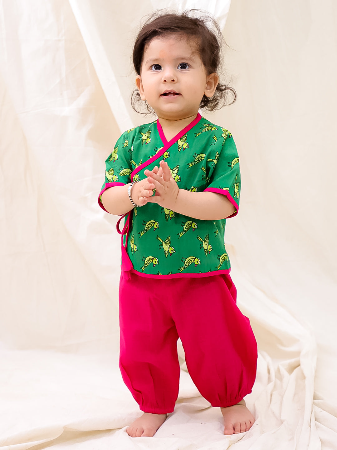 BownBee Short Sleeve Jhabla & Harem Set For Infant Girls - Green