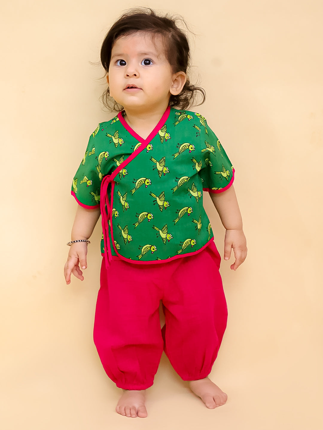 BownBee Short Sleeve Jhabla & Harem Set For Infant Girls - Green
