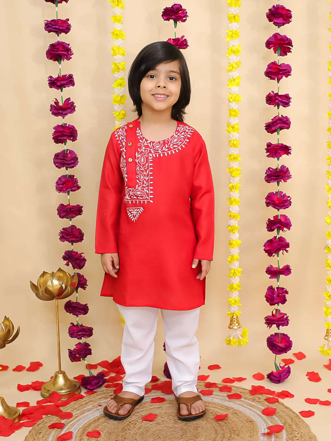 BownBee Embroidered Bengali Style Kurta with pajama for Boys- Red