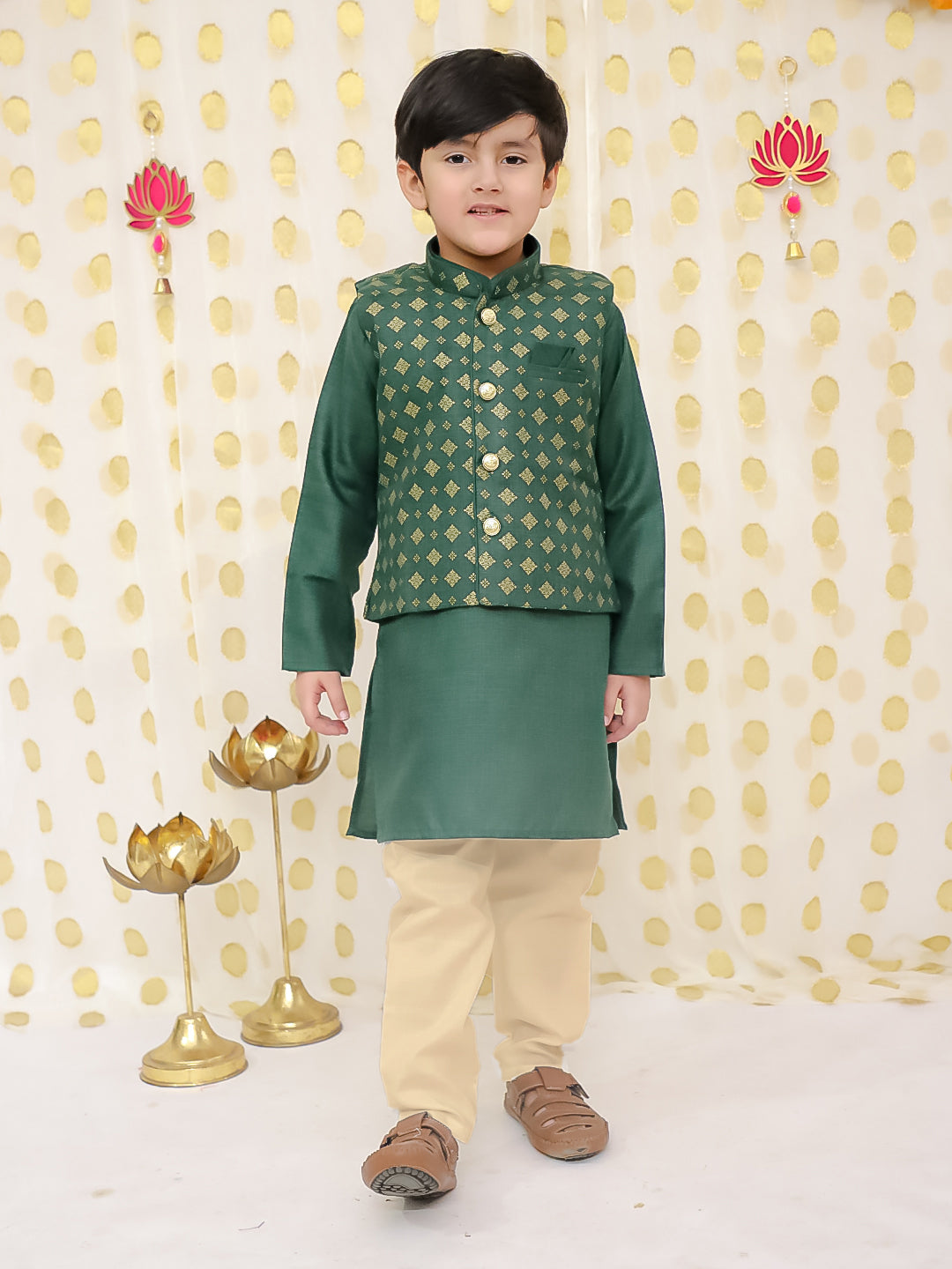 BownBee Printed Linen Jacket With Kurta Pajama Set For Boys - Green