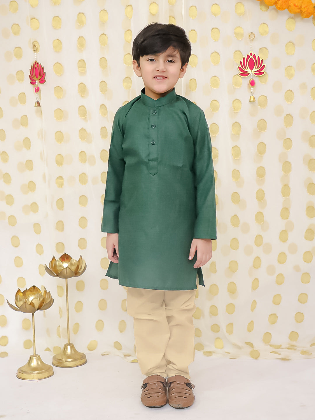 BownBee Printed Linen Jacket With Kurta Pajama Set For Boys - Green