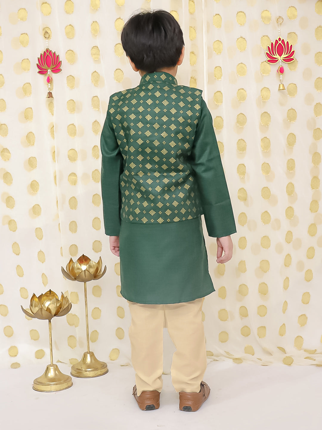 BownBee Printed Linen Jacket With Kurta Pajama Set For Boys - Green