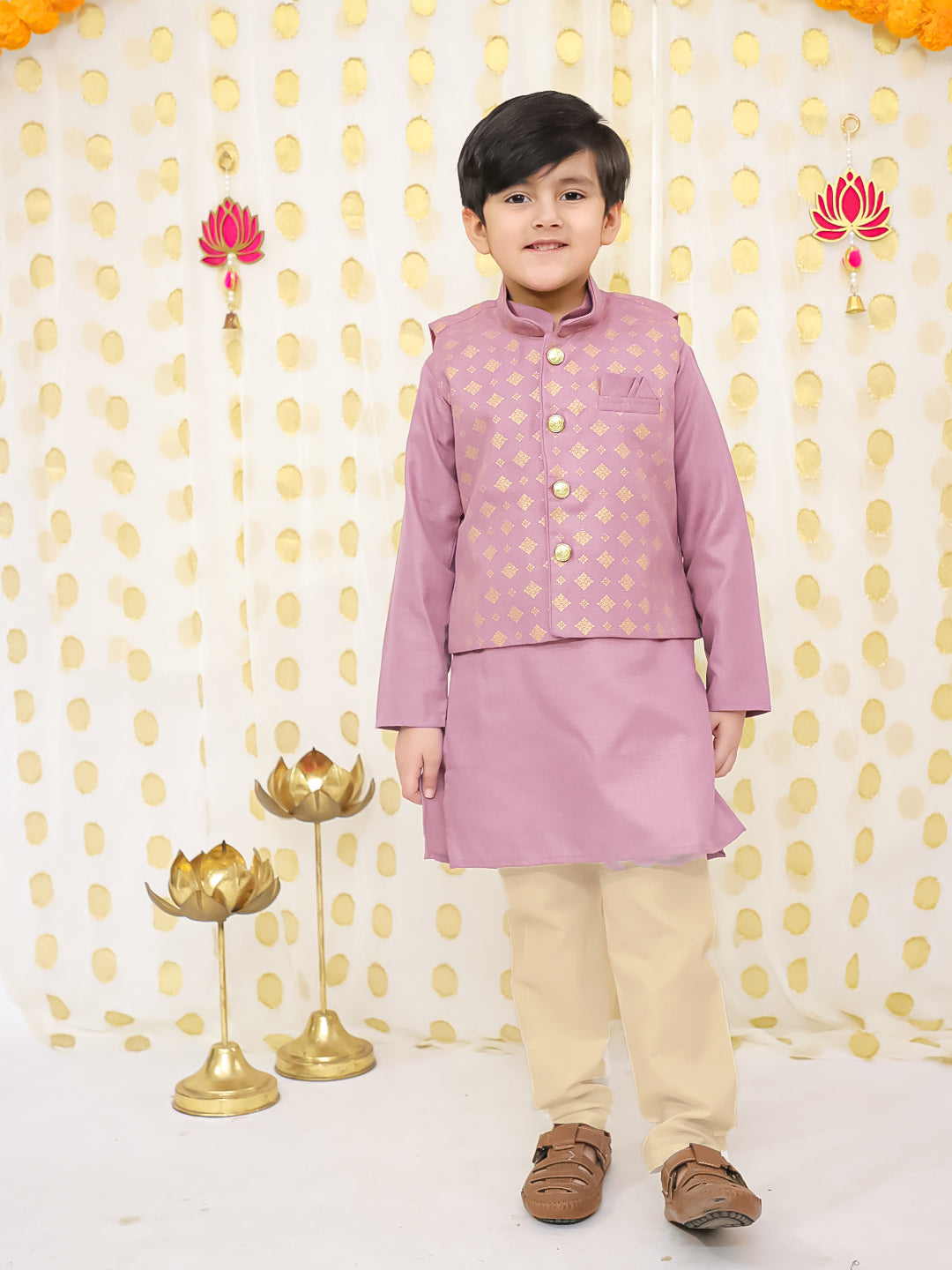 BownBee Printed Linen Jacket With Kurta Pajama Set For Boys - Green