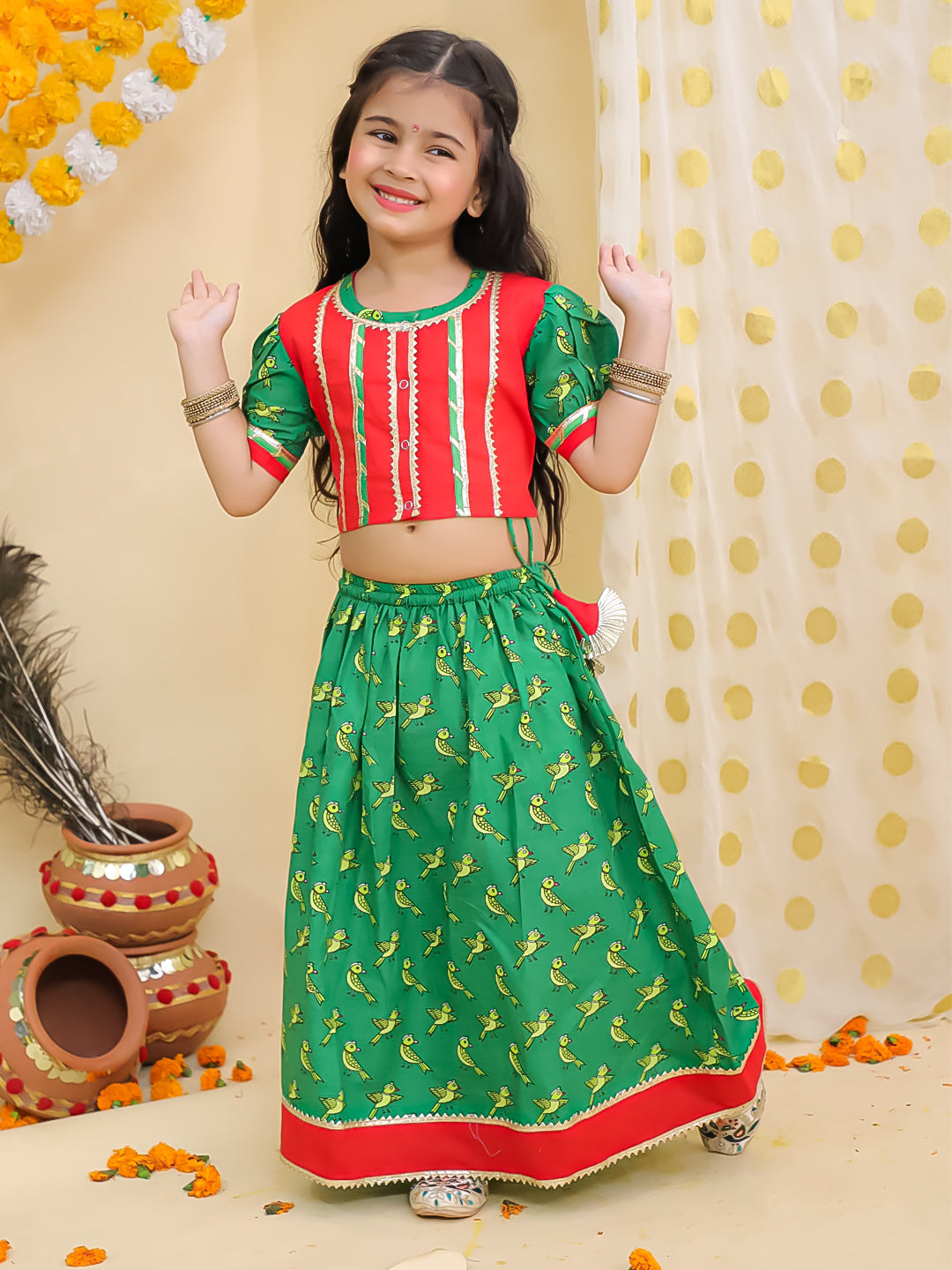 BownBee Pure Cotton Parrot Printed Short puff Sleeves Lehenga Choli For Girls- Red