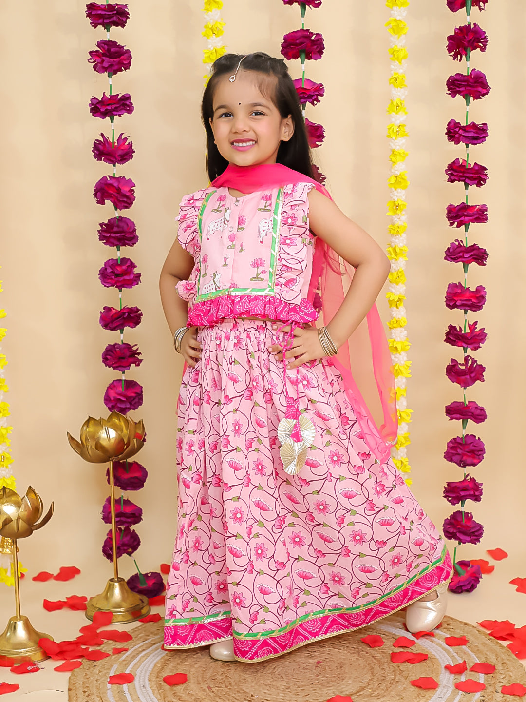 BownBee Pure Cotton Pichwai Printed Lehenga Choli & Dhoti Kurta Sibling Set - Pink