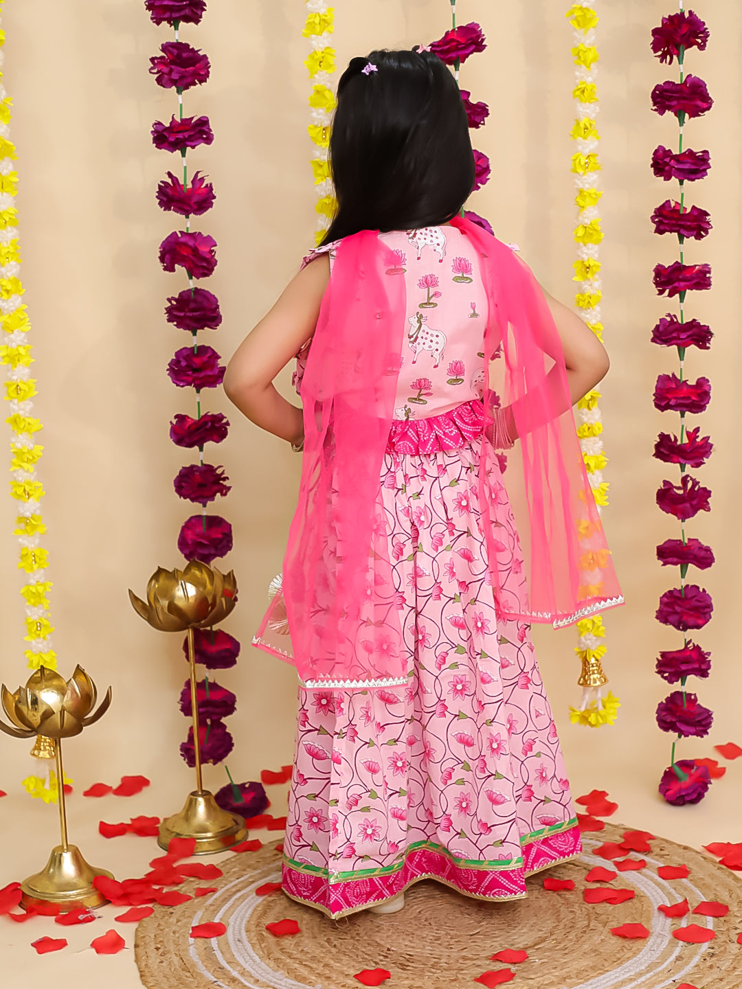 BownBee Pure Cotton Pichwai Printed Lehenga Choli & Dhoti Kurta Sibling Set - Pink