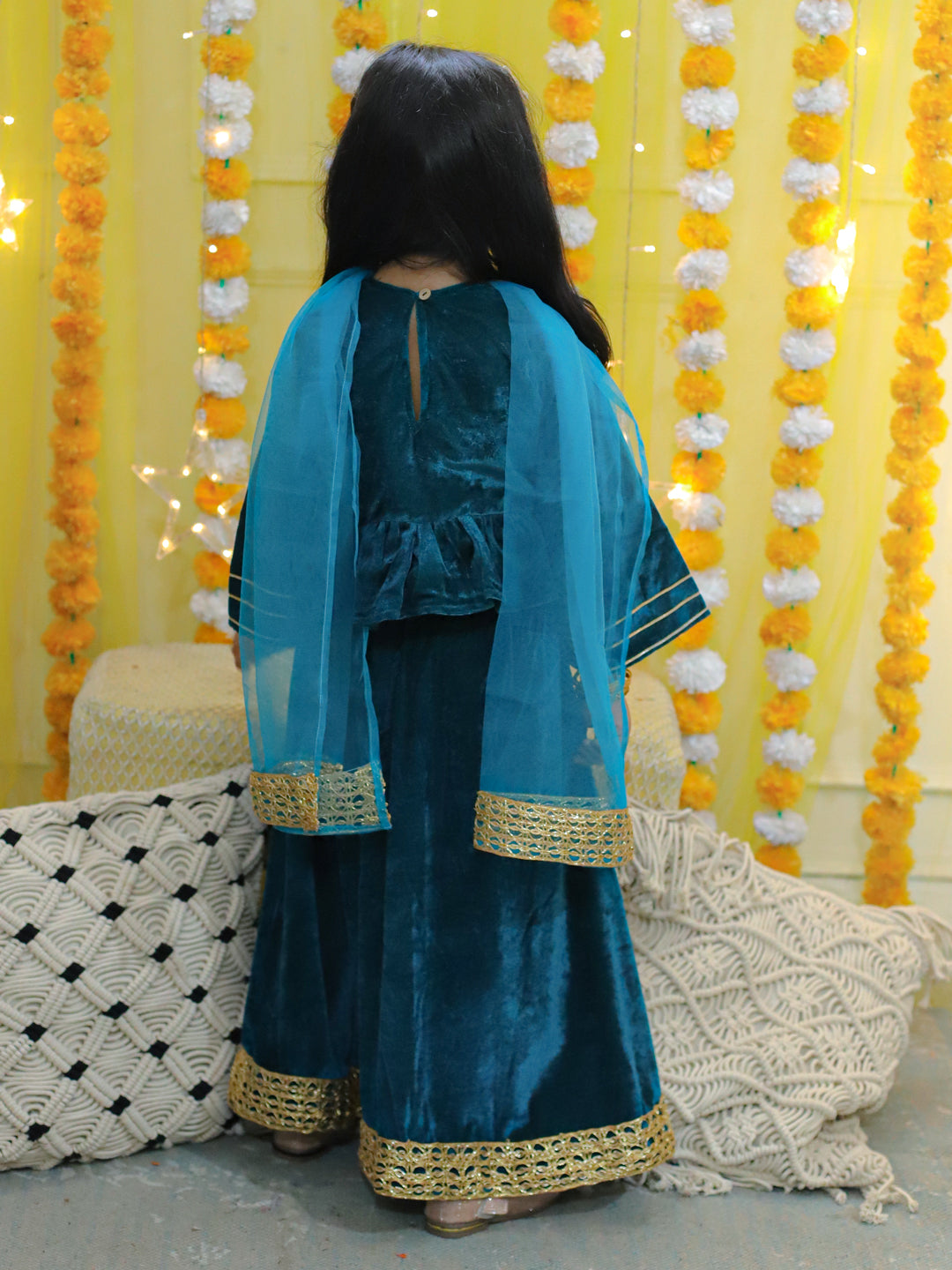 BownBee Velvet Full Sleeve Top with Lehenga and Dupatta for Girls- Teal
