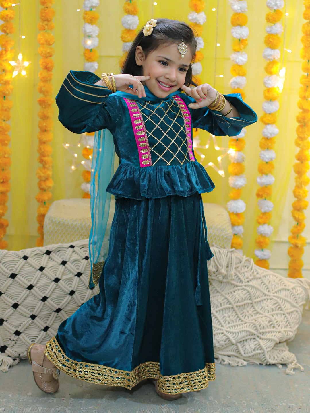BownBee Velvet Full Sleeve Top with Lehenga and Dupatta for Girls- Teal