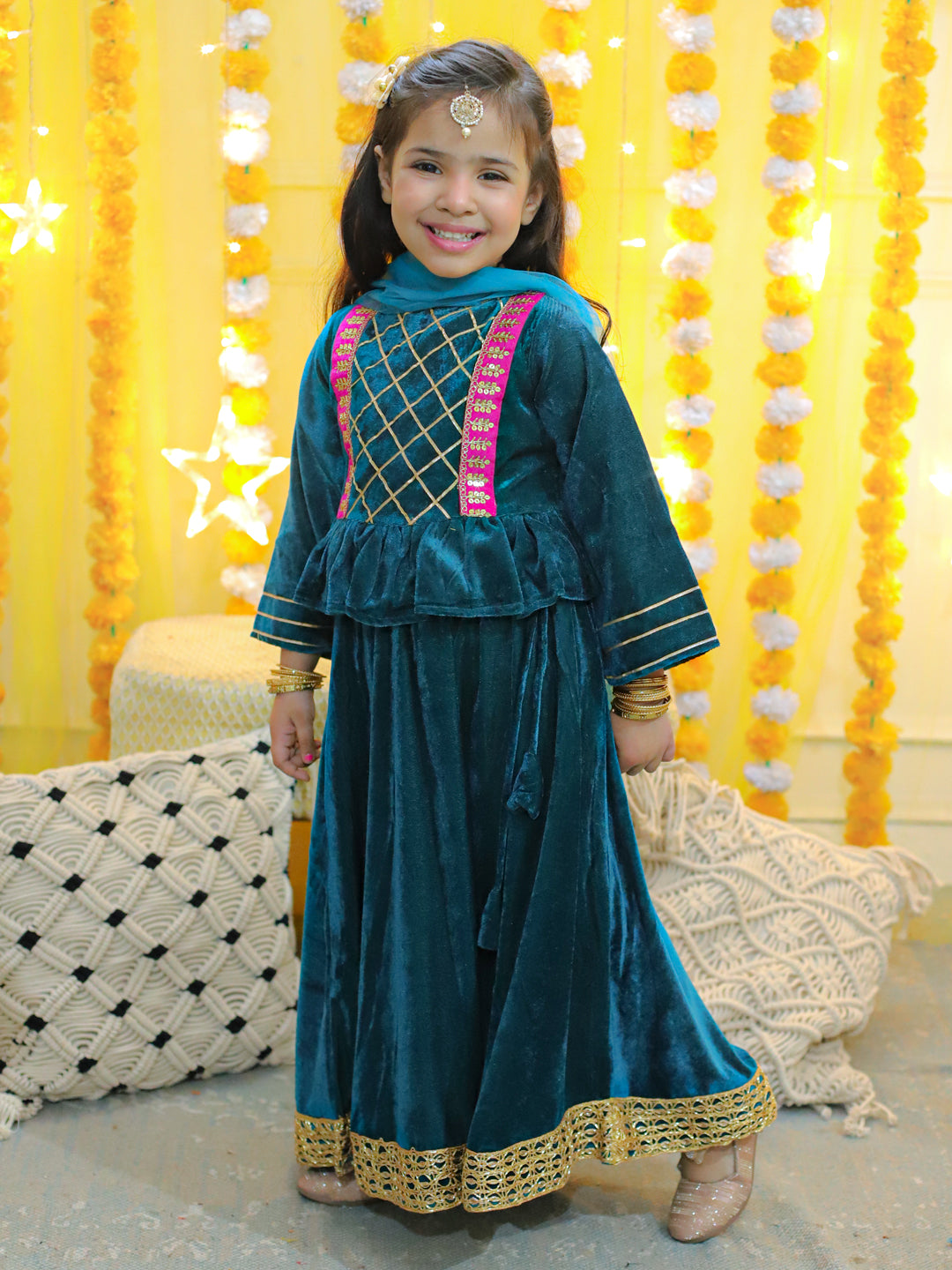 BownBee Velvet Full Sleeve Top with Lehenga and Dupatta for Girls- Teal