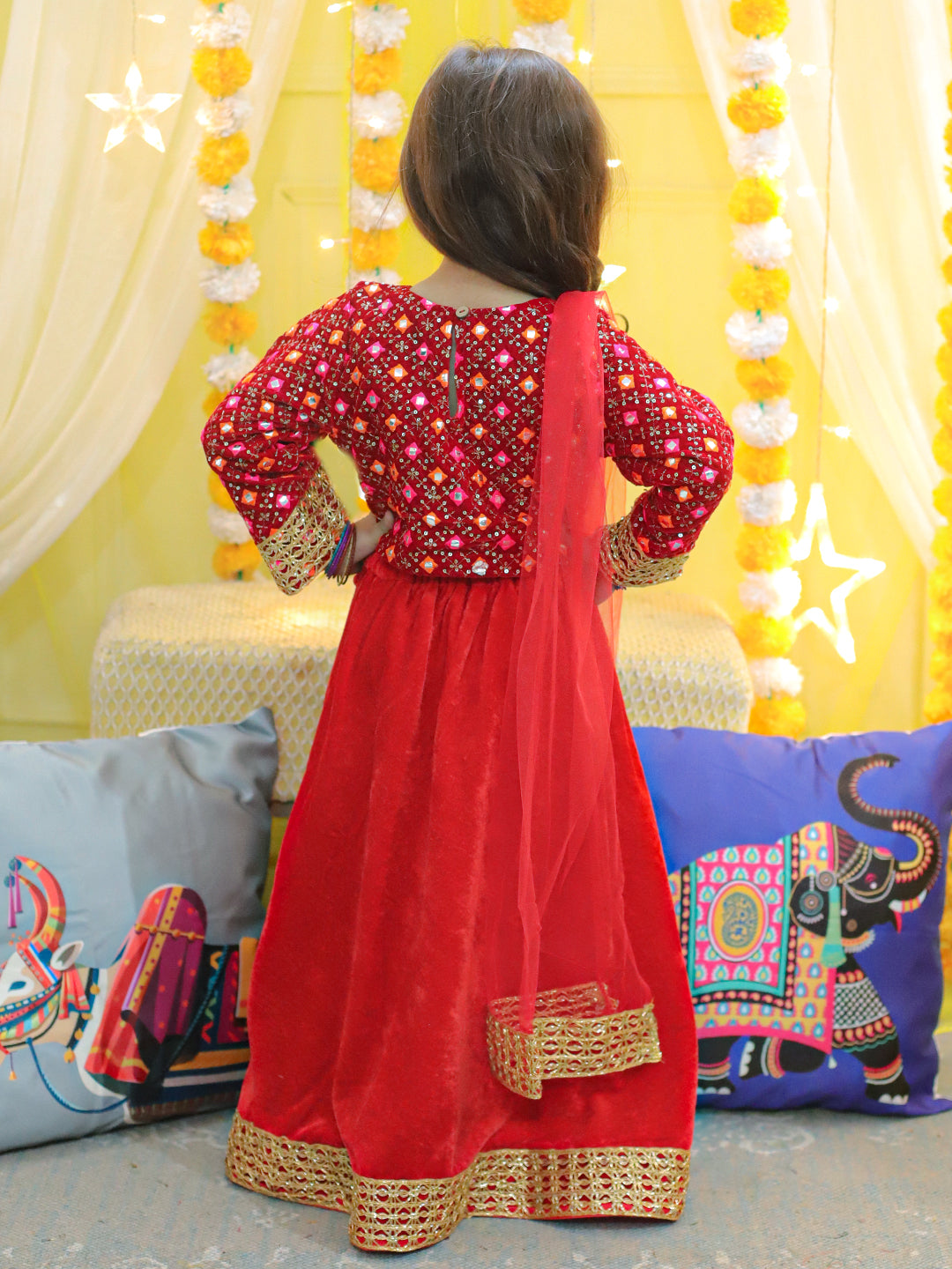 BownBee Embroidered Velvet Full Sleeve Top with Lehenga & Dupatta for Girls- Red