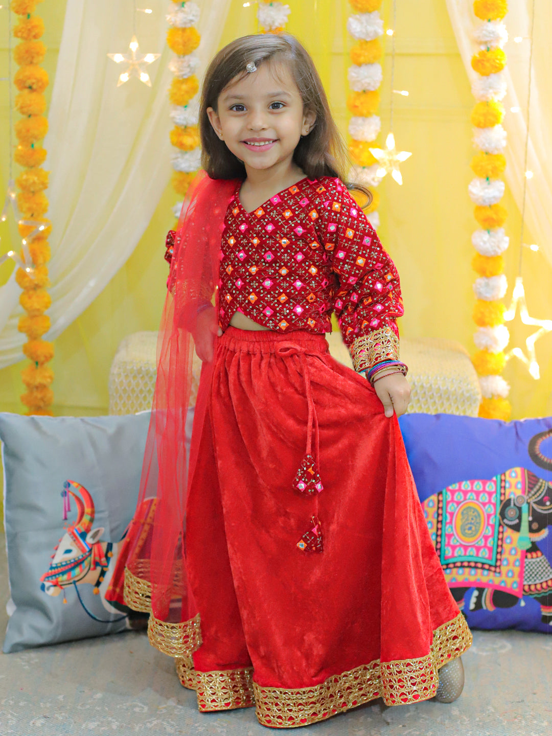 BownBee Embroidered Velvet Full Sleeve Top with Lehenga & Dupatta for Girls- Red
