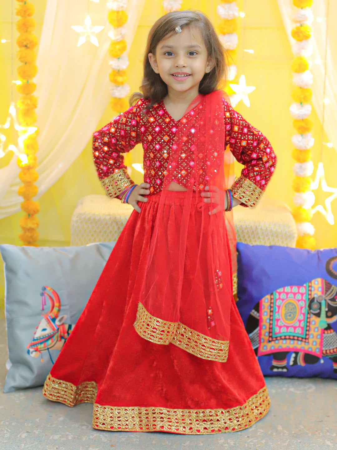 BownBee Embroidered Velvet Full Sleeve Top with Lehenga & Dupatta for Girls- Red