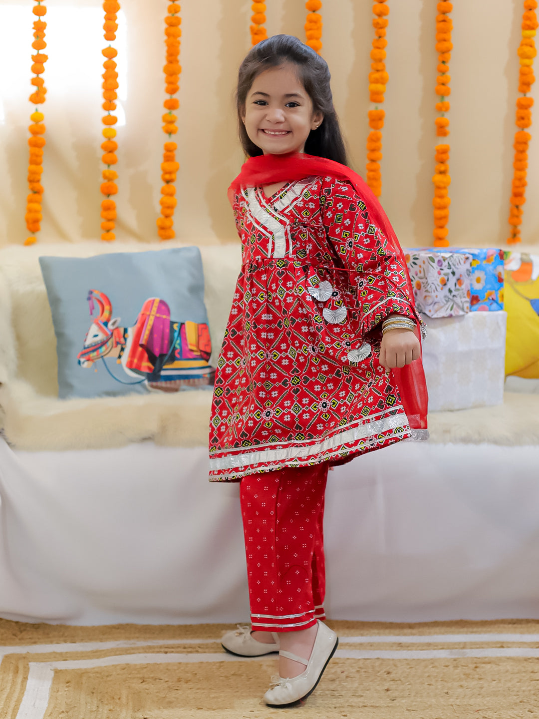 BownBee Girls Pure Cotton Angrakha Kurti Pant With Dupatta- Red