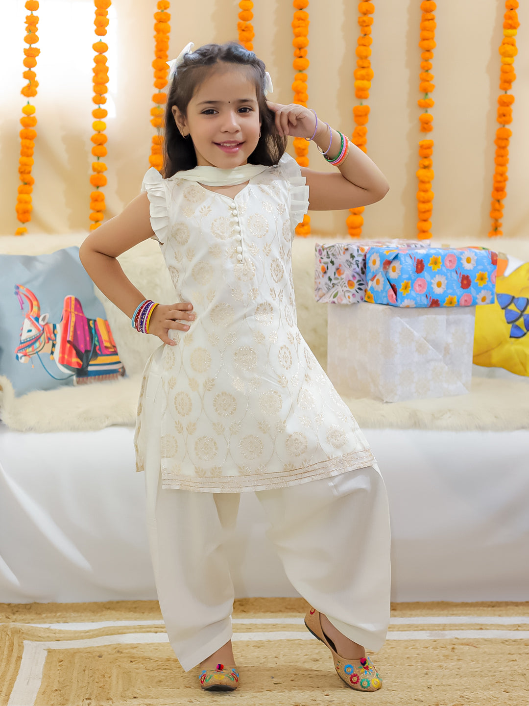BownBee Girls Chanderi Kurti with Patiala Salwar and Dupatta - Off White