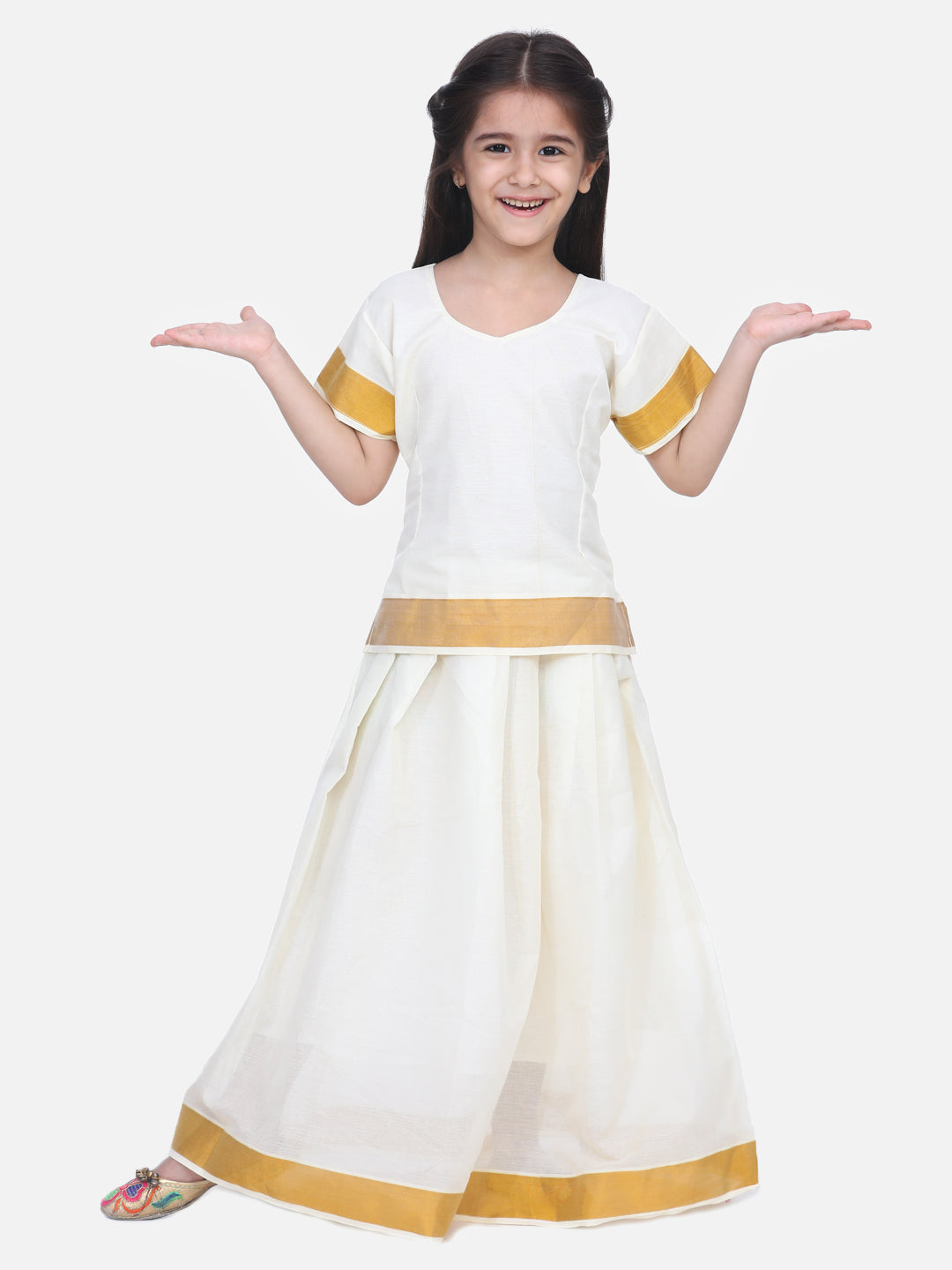 BownBee Short Sleeves Motif Print Pavda Pattu Lehenga With Choli - Yellow