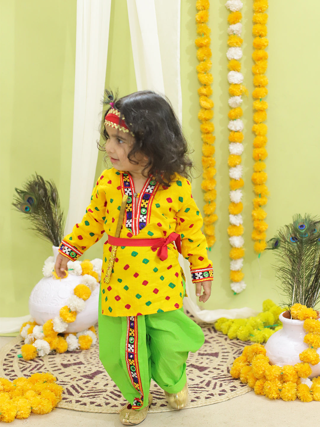 BownBee Bandhani Print Cotton Kanhaiya Suit Dress with Bansuri, Mukut Belt- Yellow