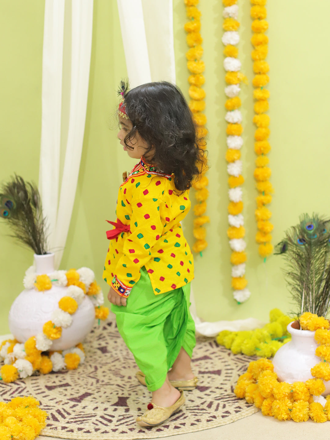 BownBee Bandhani Print Cotton Kanhaiya Suit Dress with Bansuri, Mukut Belt- Yellow