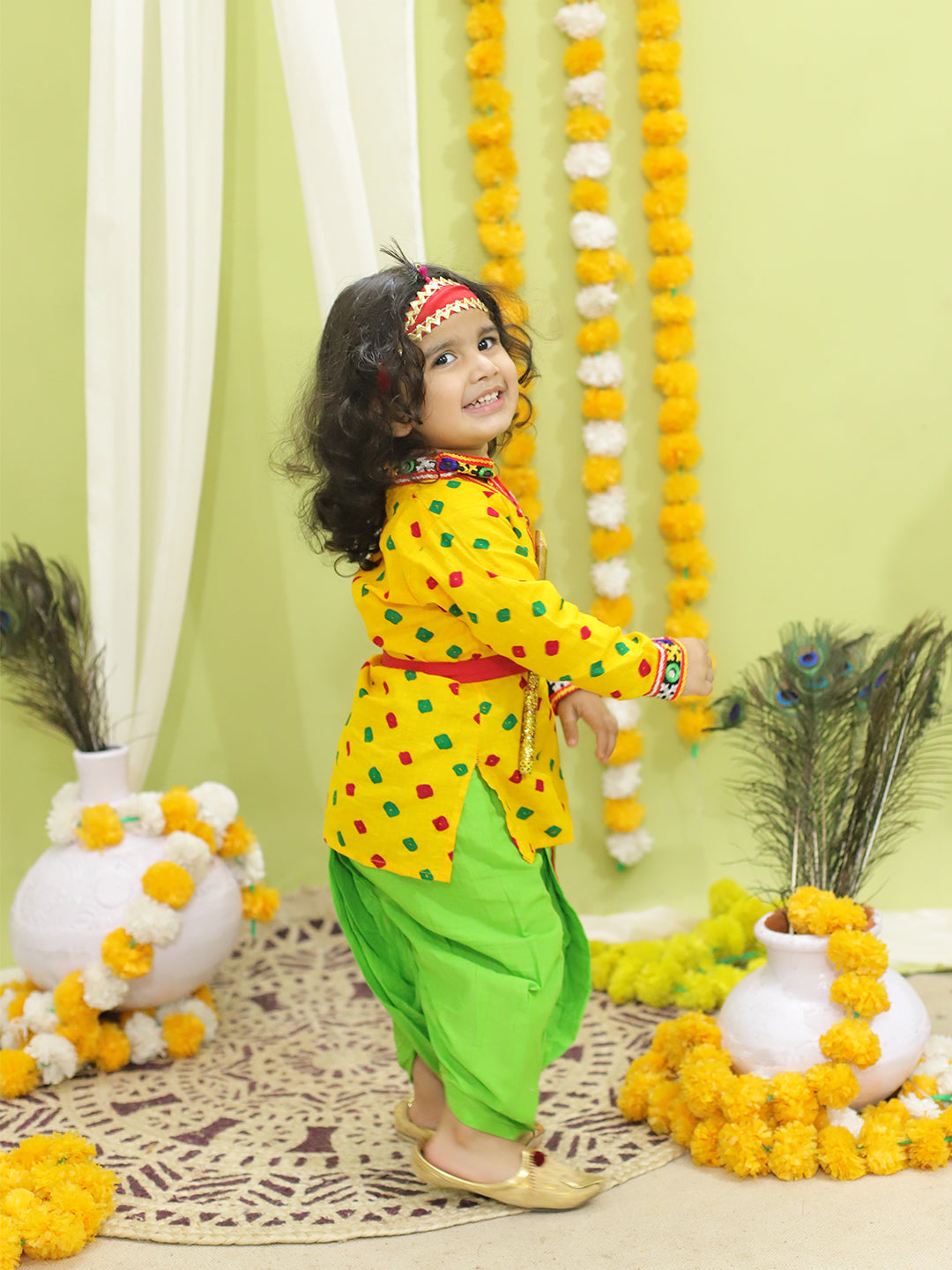 BownBee Bandhani Print Cotton Kanhaiya Suit Dress with Bansuri, Mukut Belt- Yellow