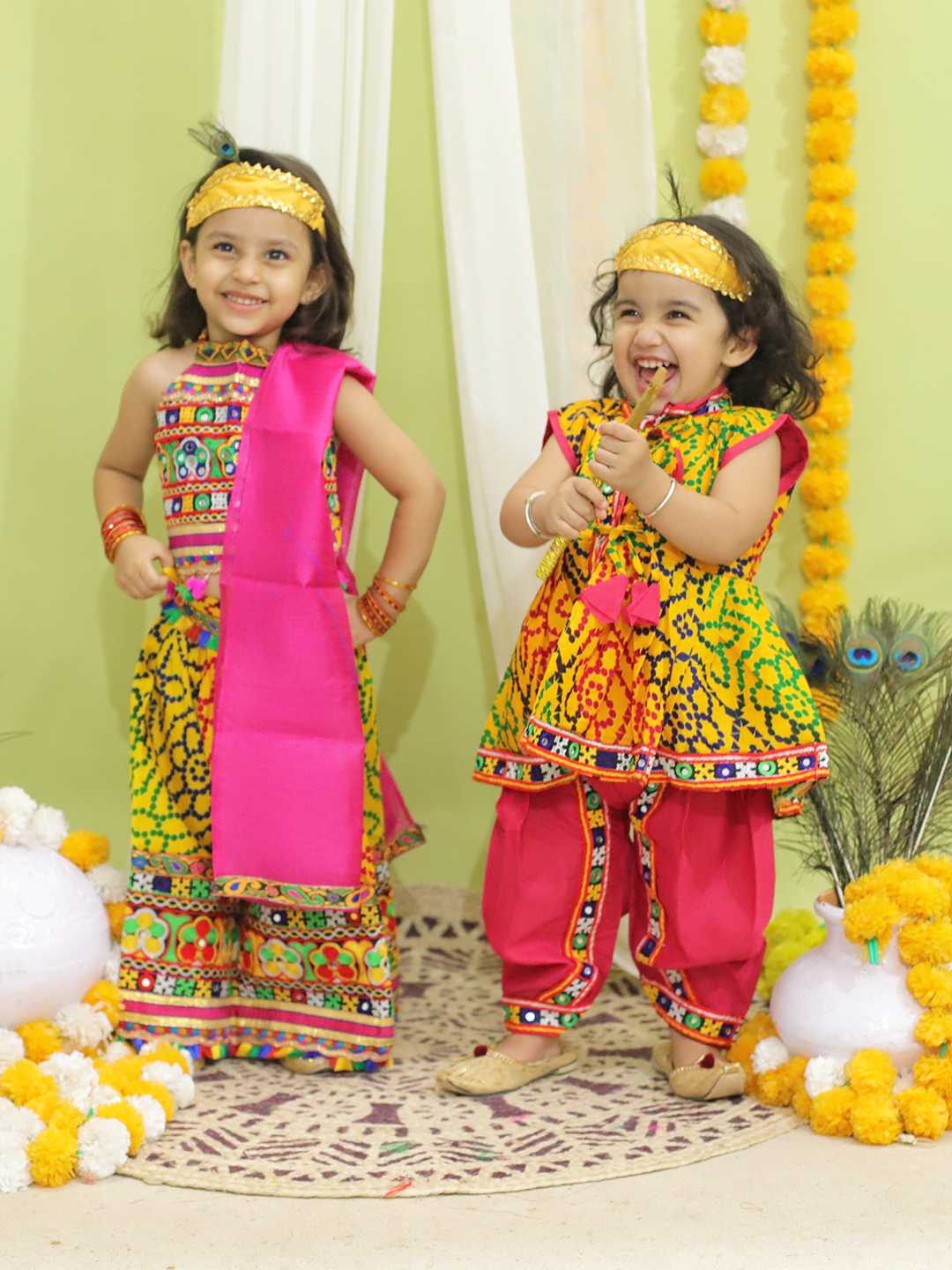 BownBee Printed Navratri Kedia Dhoti for Boys and Halter neck chaniya choli for Girls -Yellow