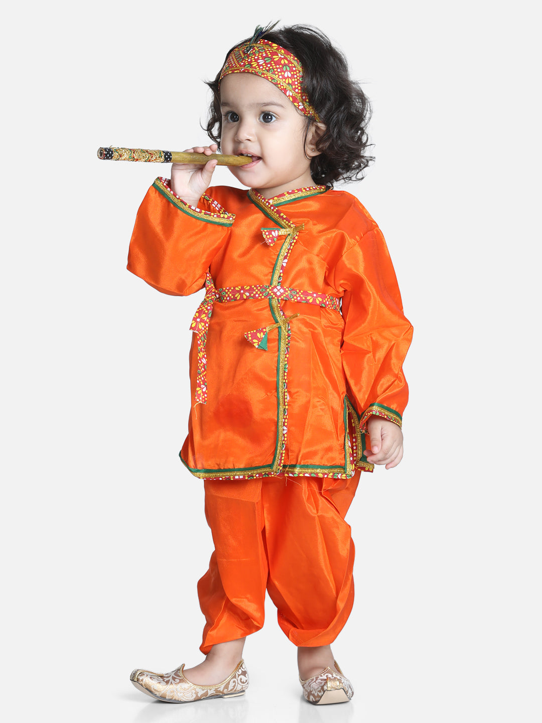 BownBee Full Sleeves Kanhaiya Suit With Basuri & Mukut With Band - Orange