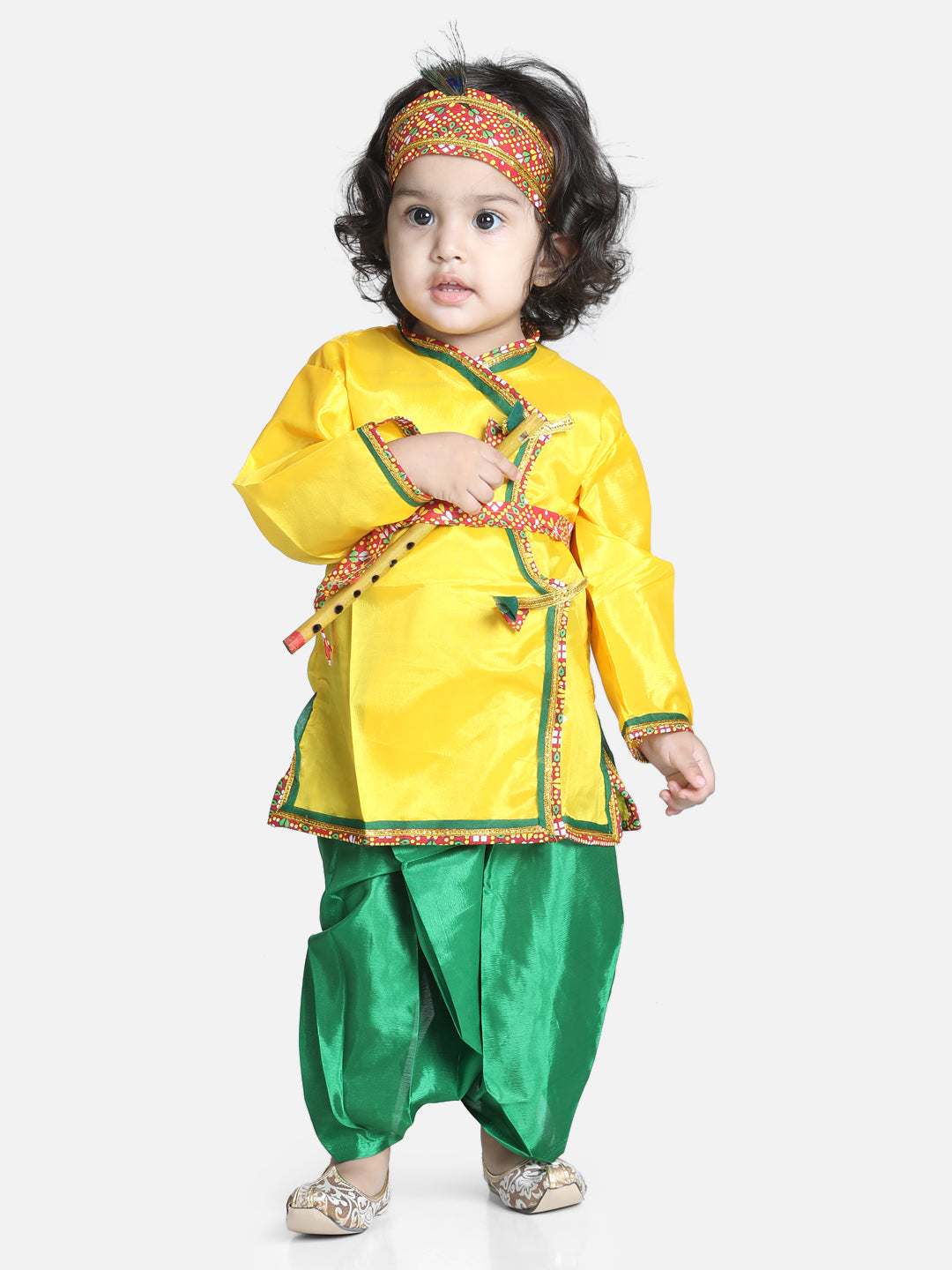 BownBee Full Sleeves Kanhaiya Suit With Basuri & Mukut With Band - Yellow