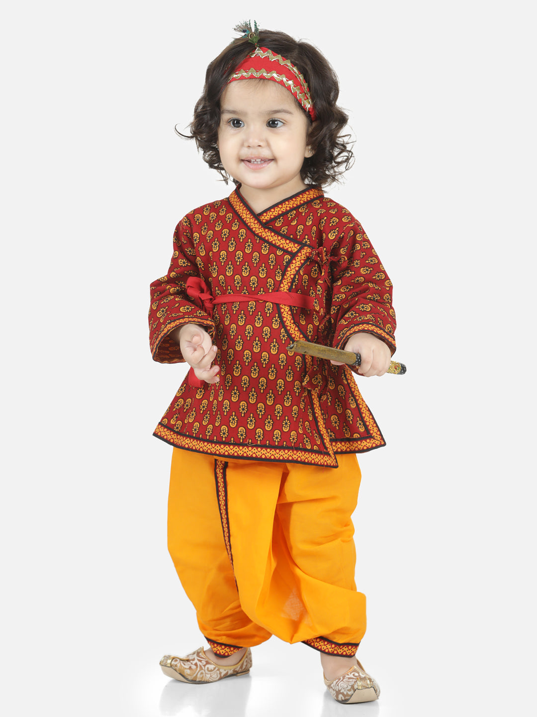 BownBee Cotton Full Sleeves Kanhaiya Hindi Shri Krishna Kurta & Dhoti - Red & Yellow