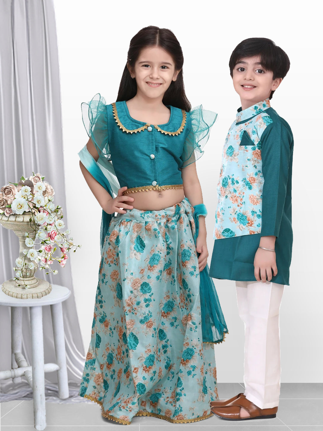 BwnBee Sibling Sets Floral Printed Attached Jacket Kurta Pajama  and Lehenga Choli With Dupatta-Green