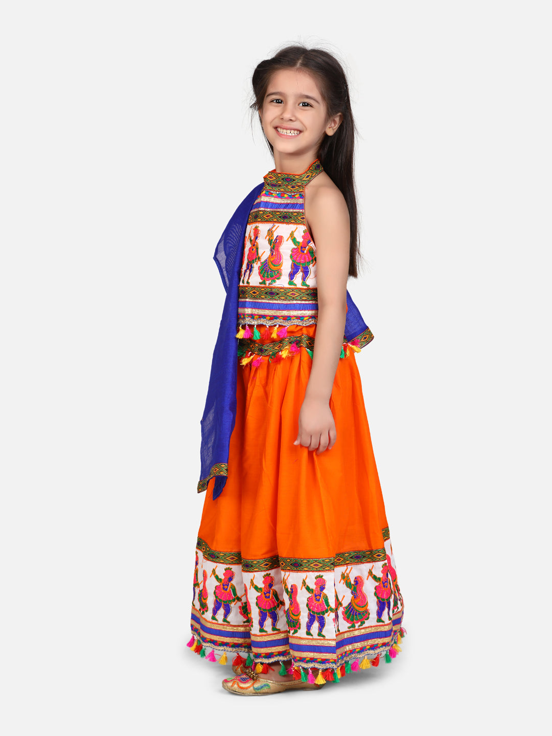 BownBee Kids Girls Navratri Dandiya  Garba Dandiya border Cotton chaniya choli - Dupatta  Orange
