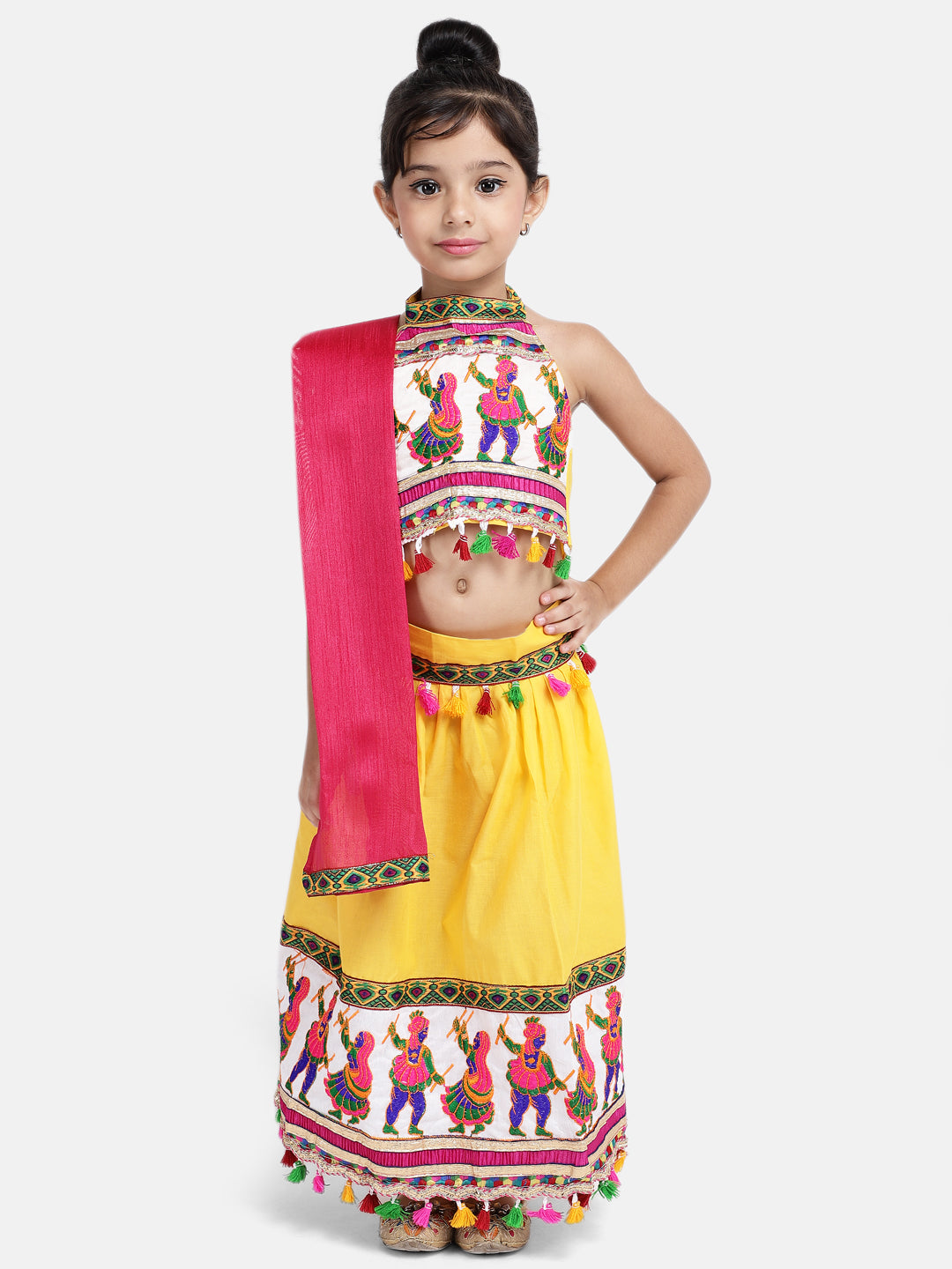 BownBee White Dandiya Border Plain Chaniya Choli-Yellow