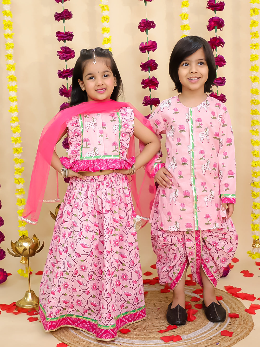 BownBee Pure Cotton Pichwai Printed Lehenga Choli & Dhoti Kurta Sibling Set - Pink